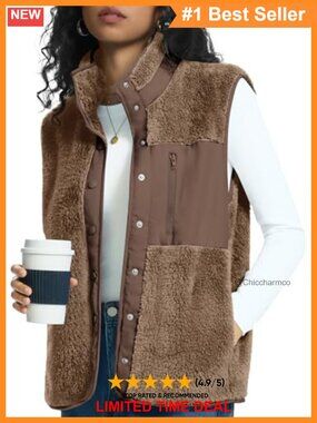 Fleece Vest Snap Button Sherpa Fuzzy Sleeveless Jacket